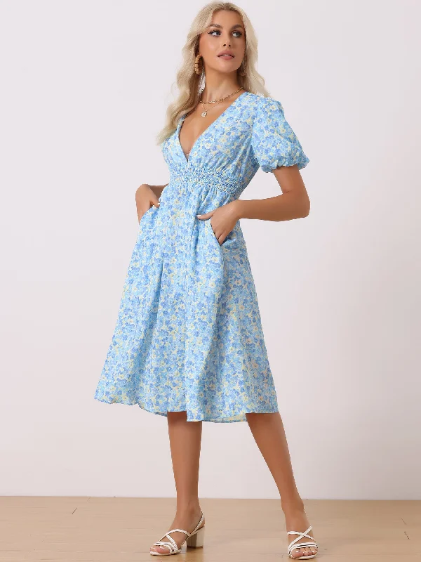 Floral V Neck Puff Sleeves Casual Smocked Waist Midi Dress