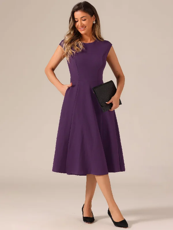 Cap Sleeve Pocketed A-Line Work Office Midi Dress