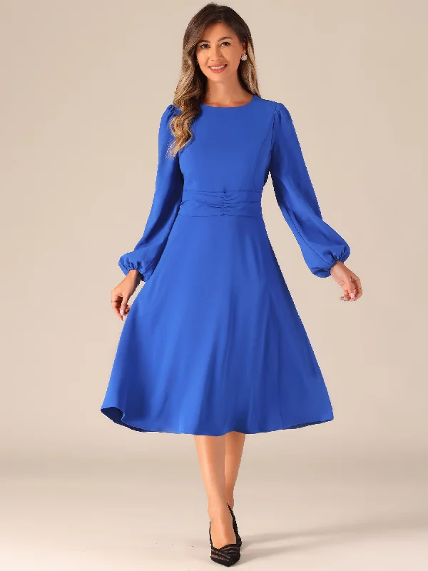 Lantern Long Sleeves Solid Color Midi Cocktail Dress