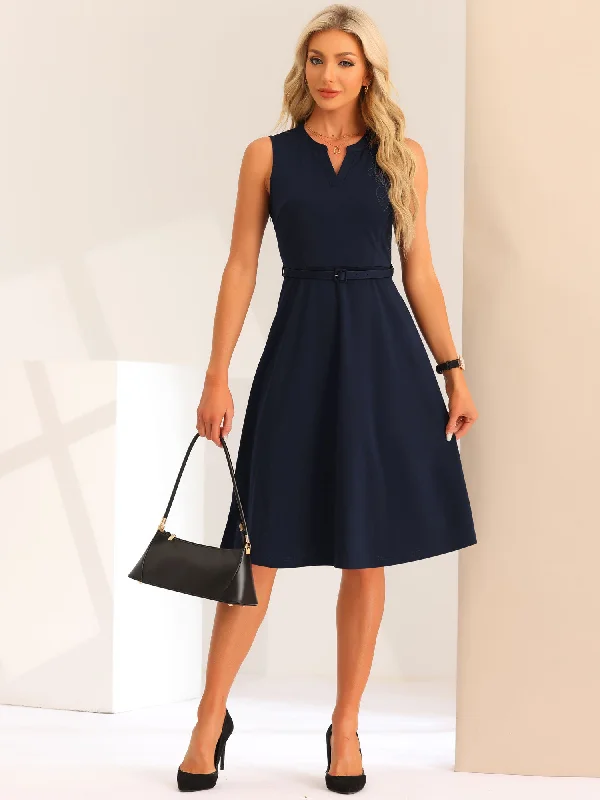 Notch Neck Belted Sleeveless Work Office A-Line Midi Dress