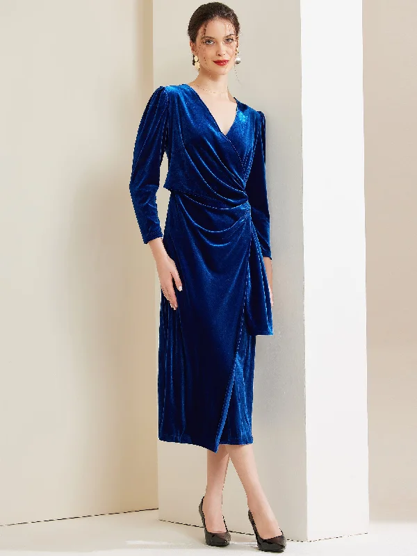 Velvet Long Sleeves Solid Ruched Midi Cocktail Dress