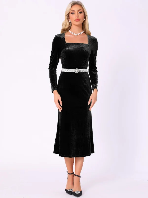 Velvet Square Neck Long Sleeve Belted Mermaid Midi Dress