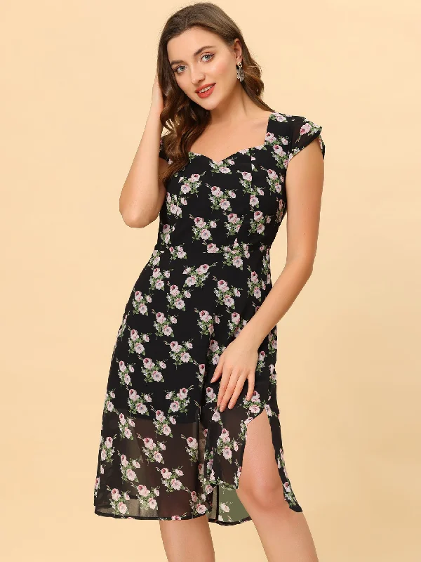 Smocked Sweetheart Cap Sleeve Cinched Floral Chiffon Midi Dress