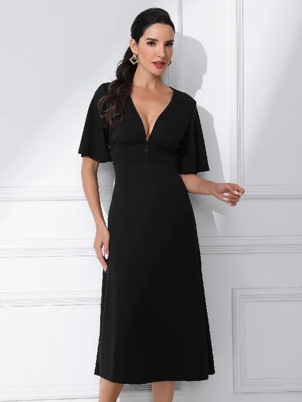 Deep V Neck Short Sleeve A Line Swing Flared Sexy Midi Dress