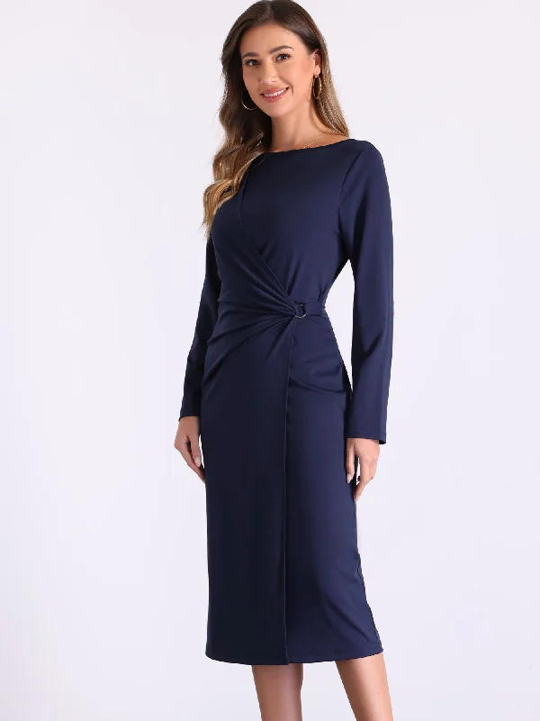 Boat Neck Long Sleeve Ruched Work Midi Sheath Dress