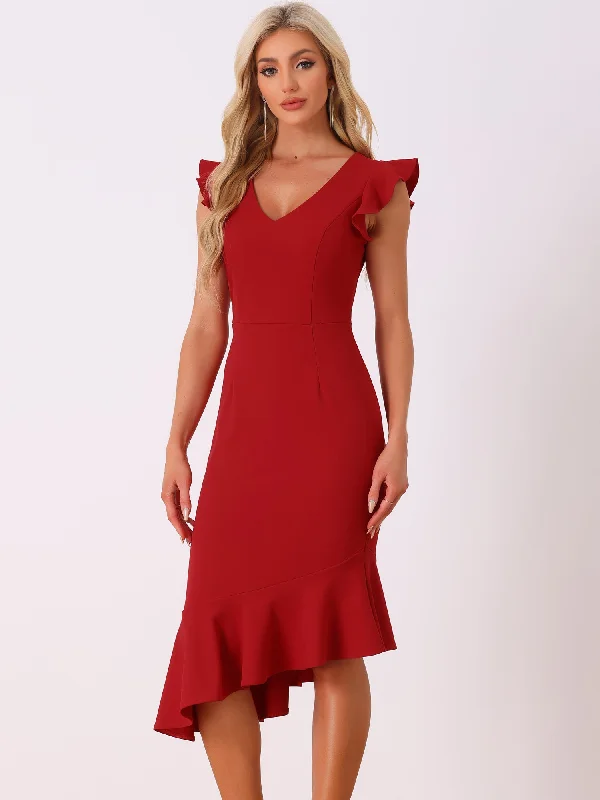 V Neck Ruffle Sleeve Irregular Hem Cocktail Midi Dress