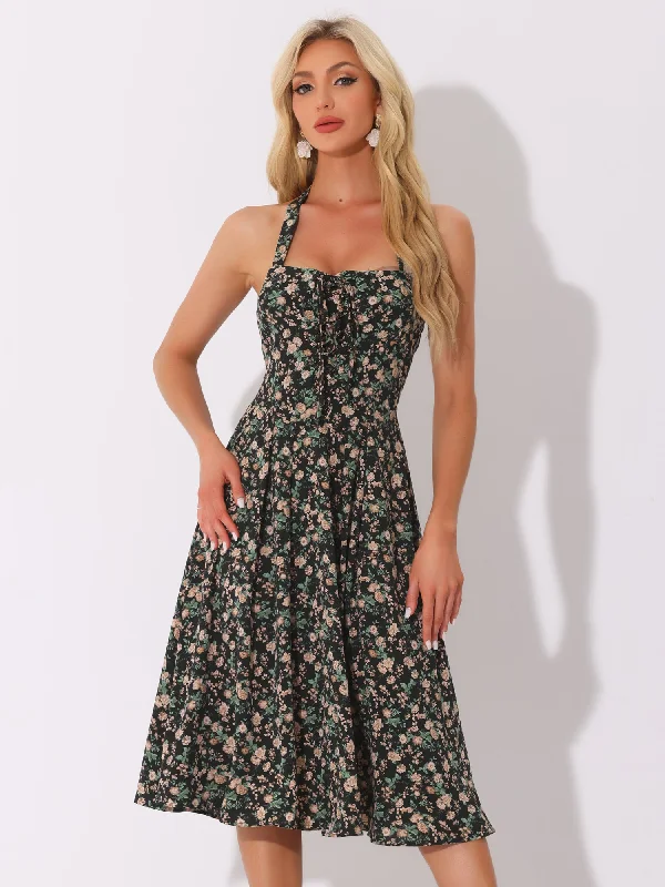 Halter Neck Floral Summer Sundress Sleeveless Lace Up Midi Dress