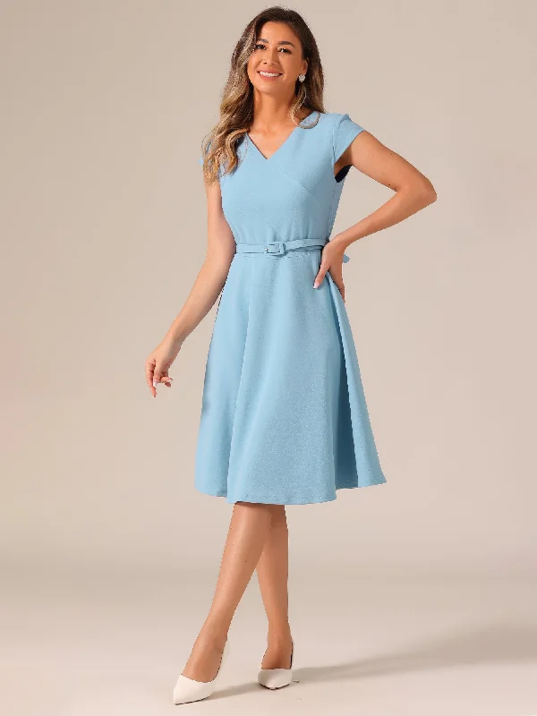 Belted V Neck Cap Sleeve Flowy A-line Midi Dress