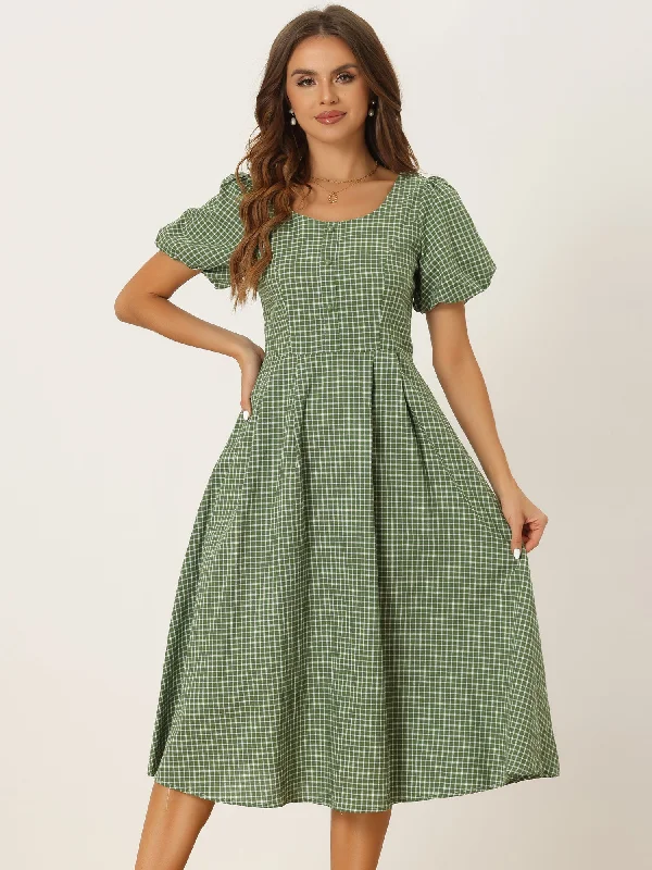 Plaid Summer Pleated Back Button Decor Puff Sleeve Midi Dress