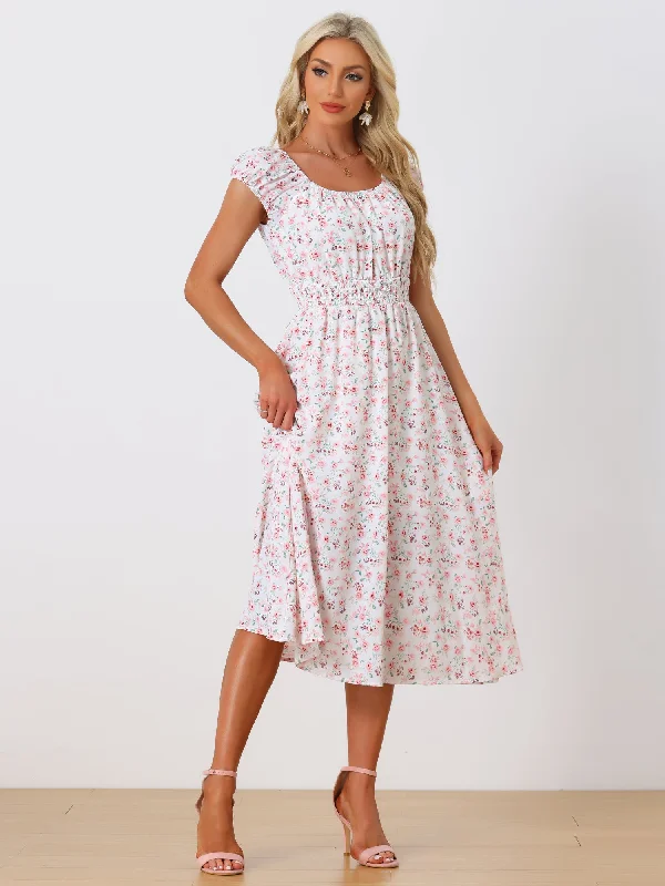 Floral Square Neck Elastic Waist Flare Midi Dress