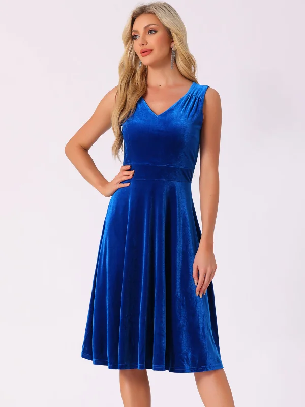 Sleeveless Velvet Ruched High Waist V Neck A-Line Midi Dress