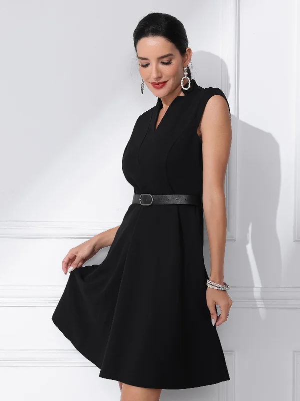 Office V Neck Work Sleeveless A-line Midi Solid Belted Dress