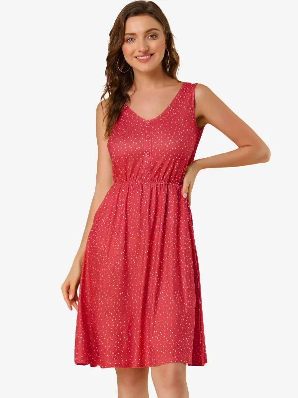 Polka Dots Sleeveless Dress Elastic Waist Midi Sundress with Pockets