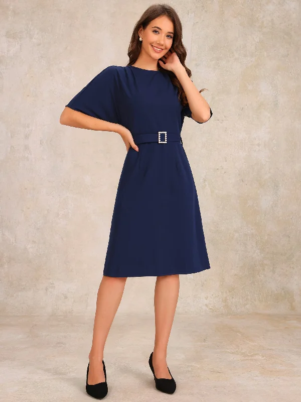 Short Sleeves Crew Neck Belted A-Line Midi Dress