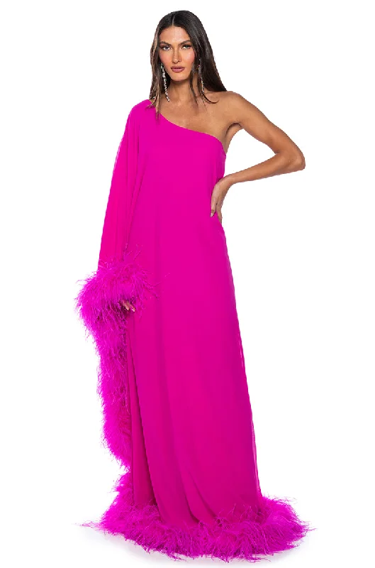 ELIZA ONE SHOULDER FEATHER MAXI