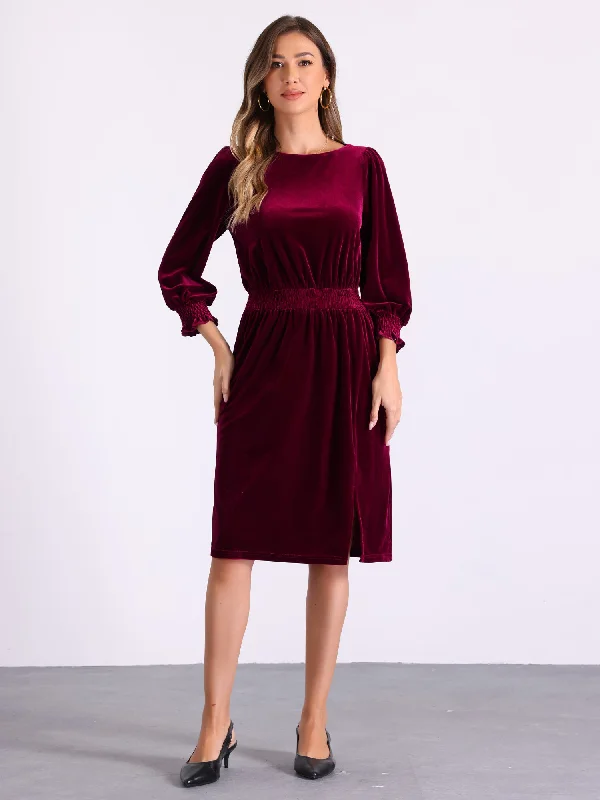 Boat Neck Puff Sleeve Smocked Velvet Midi Dress