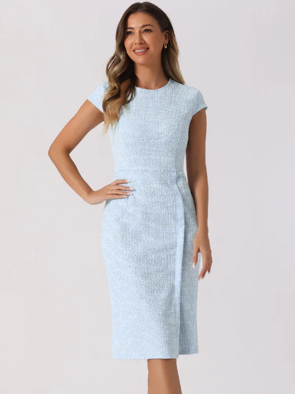 Tweed Crew Neck Cap Sleeve Midi Sheath Dress