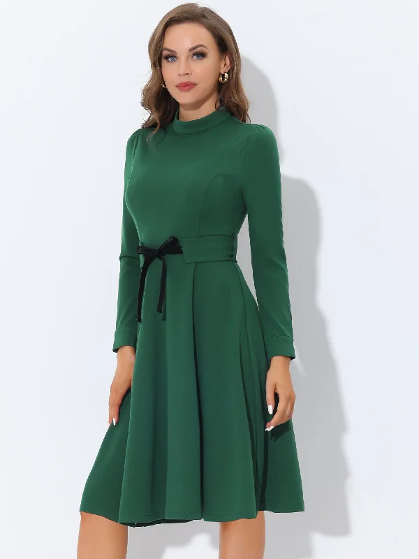 Elegant Sheath Mock Neck Flare Long Sleeve Knit Midi Dress