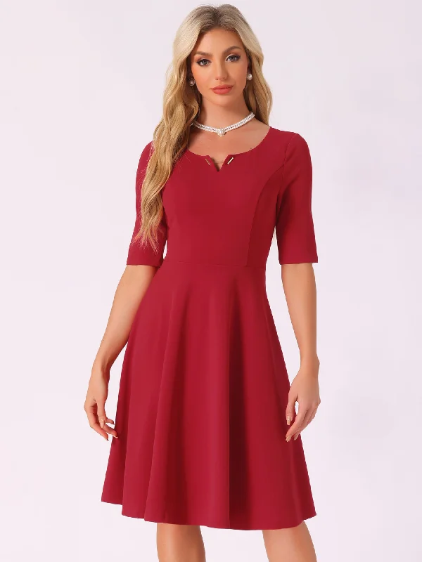 V Neck Half Sleeve Elegant A-Line Midi Dress