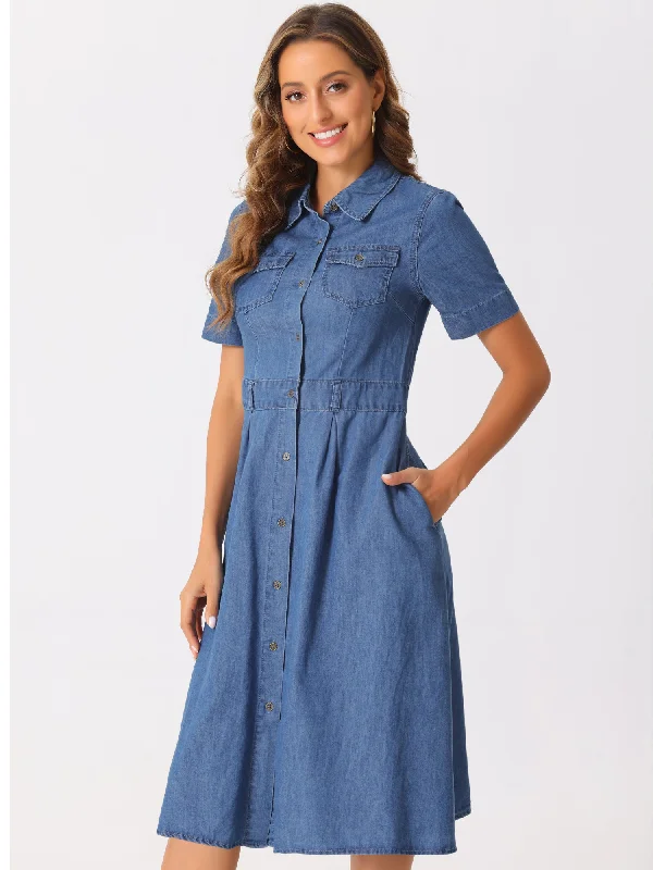 Denim Pockets Button Up Short Sleeve A-Line Midi Jean Shirt Dress