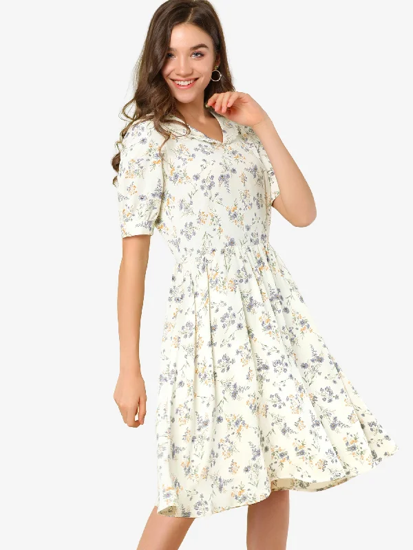 Retro Floral Peter Pan Collar High Waist Puff Sleeve Flowy Midi Dress