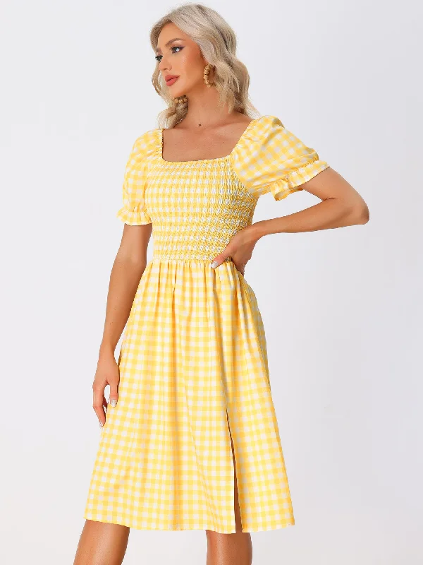 Smocked Gingham Square Neck Puff Sleeve Plaid Slit Midi Dress