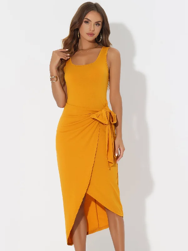 Sleeveless Scoop Neck Ruched Faux Wrap Tie Side Bodycon Midi Dress