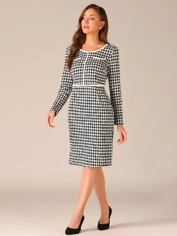 Houndstooth Round Neck Long Sleeve Sheath Midi Dress