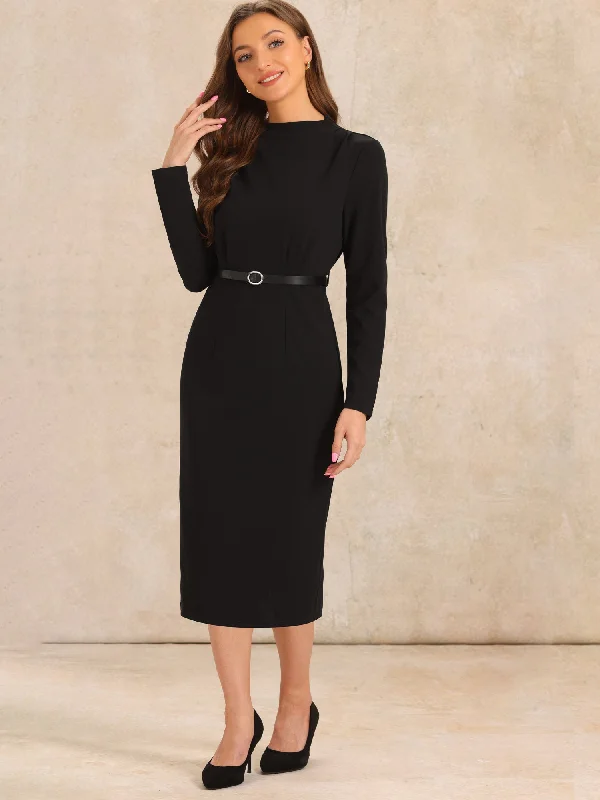 Solid Color Belted Long Sleeves Work Midi Sheath Dress