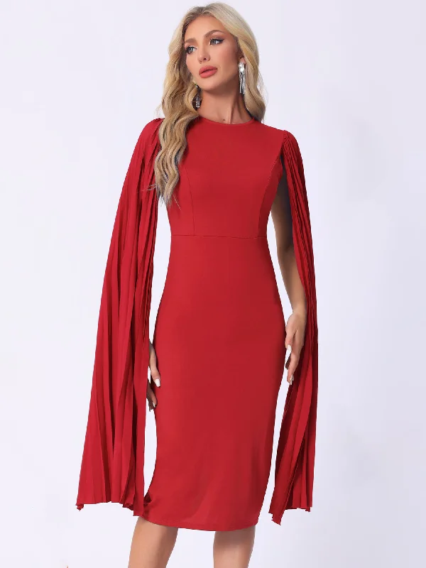 Pleated Cloak Long Sleeves Midi Sheath Dress