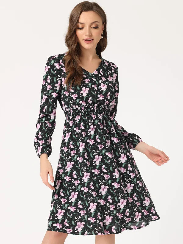 Floral Print V-Neck Long Sleeve Smocked Waist Midi Dress