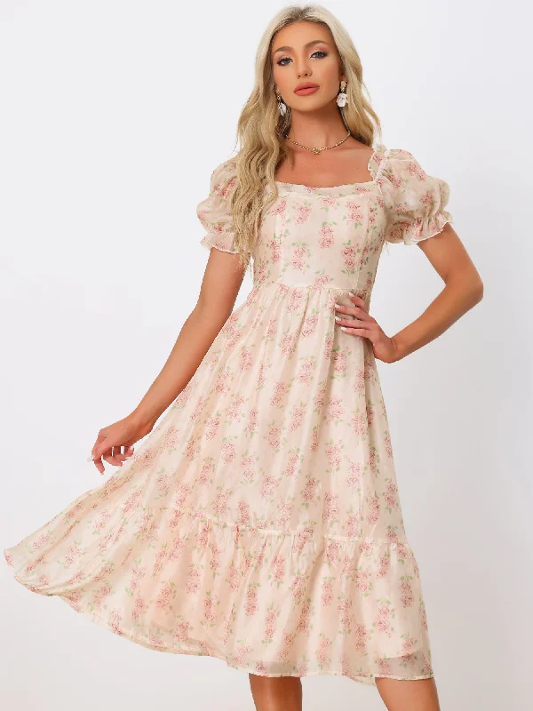 Square Neck Puff Short Sleeve Floral Organza Midi Dress