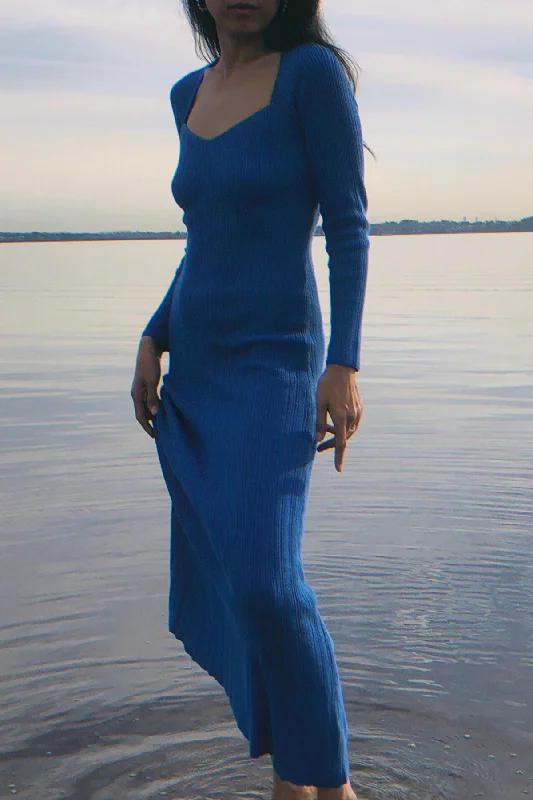 Victoria Blue Long Sleeve Knit Maxi Dress