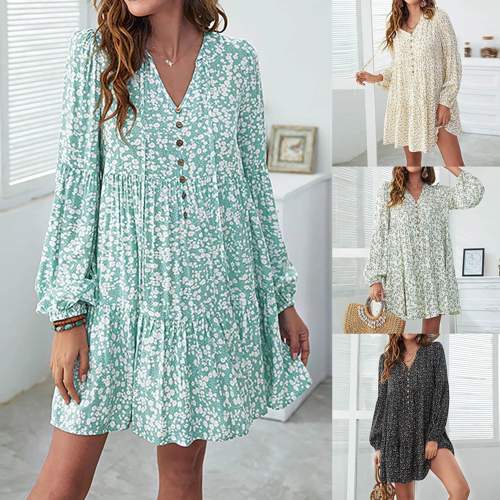 JuliaFashion - Casual 2024 New Women's Summer V Neck Long Sleeve Single Breasted Vintage Oversize Loose Mini Spring Summer Vestidos Dress