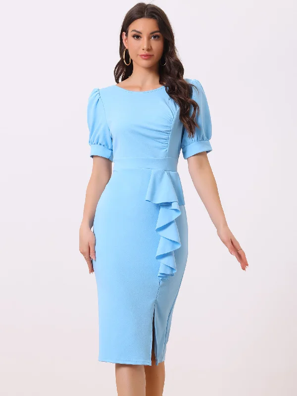 Puff Sleeve Solid Color Ruffle Slit Bodycon Midi Dress