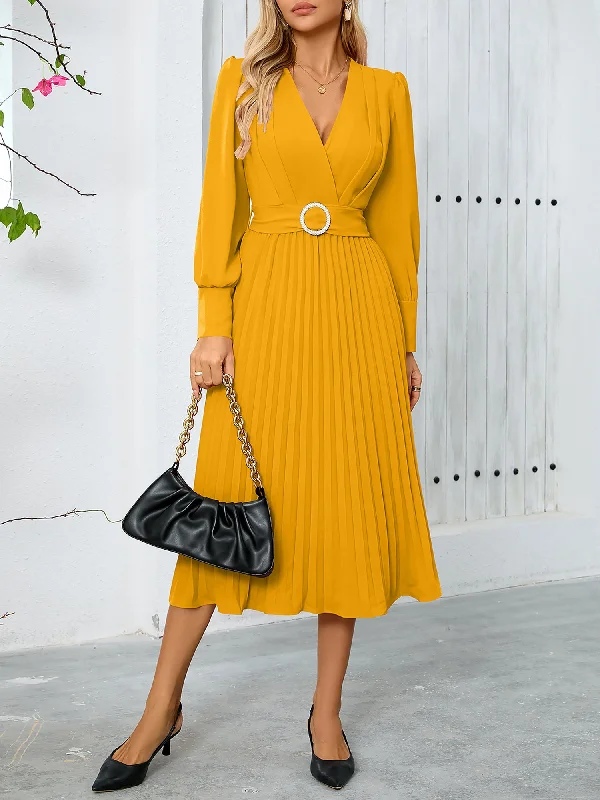 V Neck Long Sleeves Belted Pleated A-Line Midi Dress