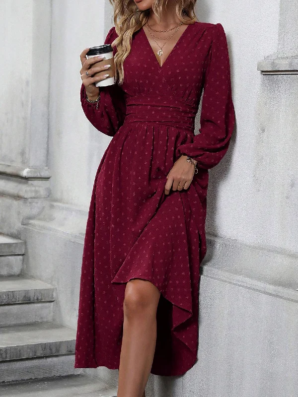 V Neck Swiss Dots Lantern Long Sleeve Midi Dress