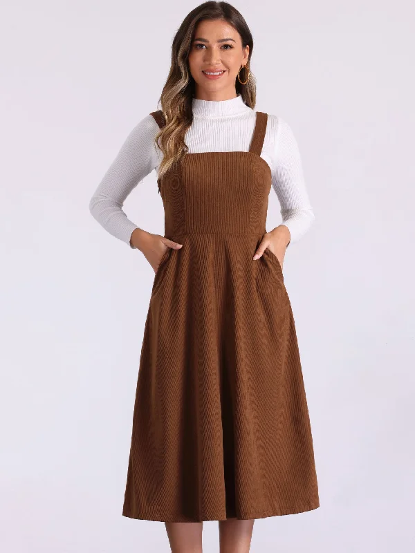 Corduroy Pockets A-Line Sleeveless Casual Midi Pinafore Dress