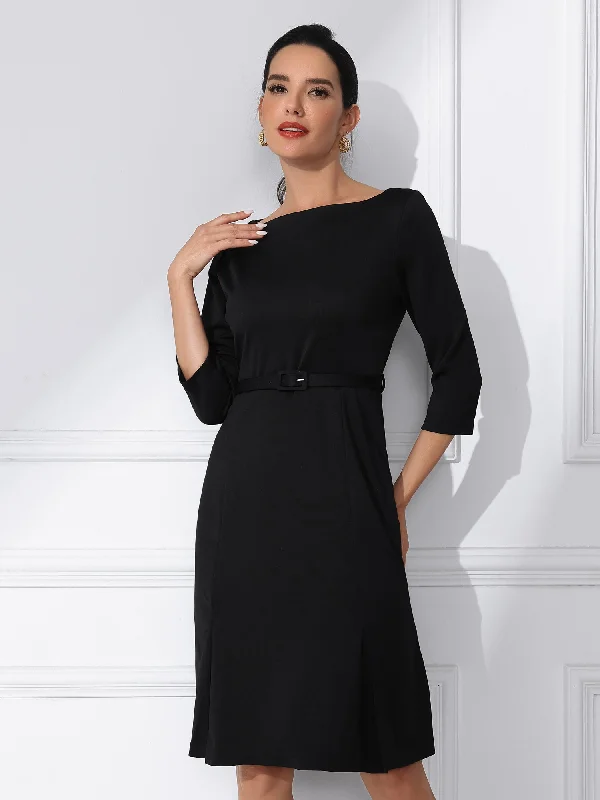 Business Elegant Boat Neck Half Sleeve Pleated Midi Solid Dress