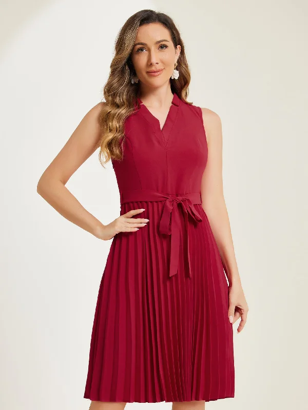 Sleeveless V Neck Belted A-line Midi Elegant Pleated Dress