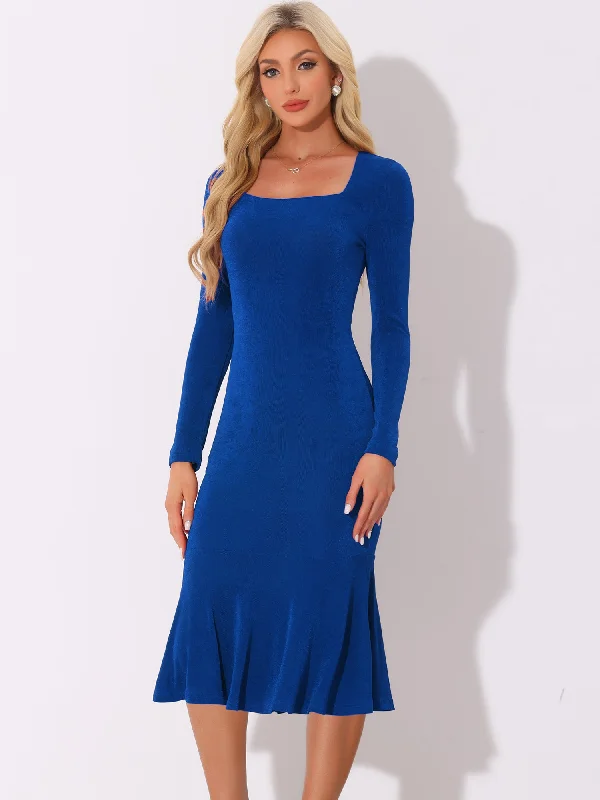 Square Neck Long Sleeve Bodycon Fishtail Midi Dress