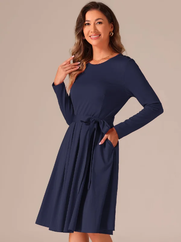 Solid Color Long Sleeve Belted Pockets A-Line Midi Dress