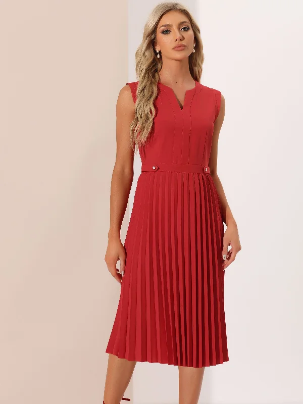 Sleeveless Dress Casual V Neck Button Pleated Midi Dress