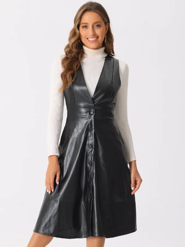 Faux Leather V Neck Sleeveless Button Down Midi Dress