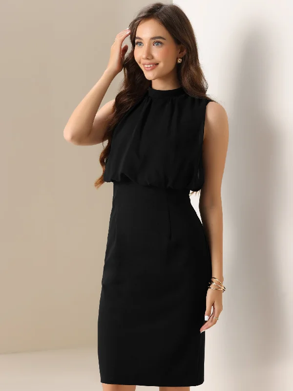 Puff Sleeveless Solid Color Midi Sheath Dress