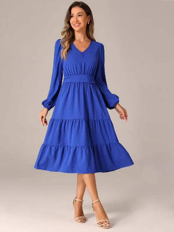 Lantern Sleeve Pocketed Ruffled Tiered A-Line Midi Dress