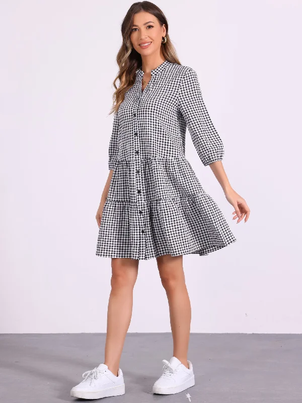 Plaid 3/4 Sleeve Tiered A-Line Midi Shirt Dress