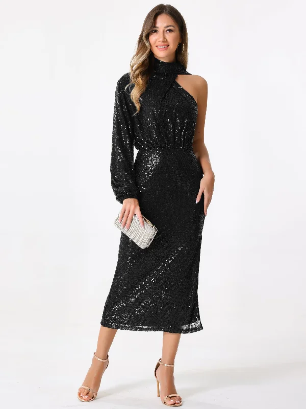 Sequin One Shoulder Long Sleeve Slit Sheath Midi Dress