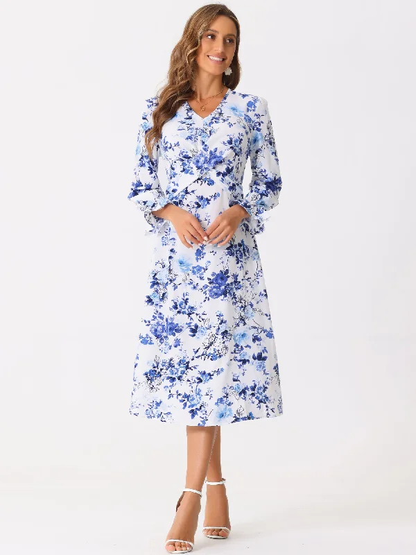 Floral V Neck Twist Waist Ruffle Long Sleeve Elegant Midi Dress