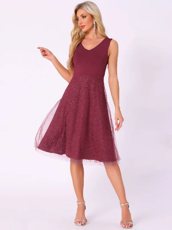 V Neck Sleeveless Glitter Midi A-Line Dress